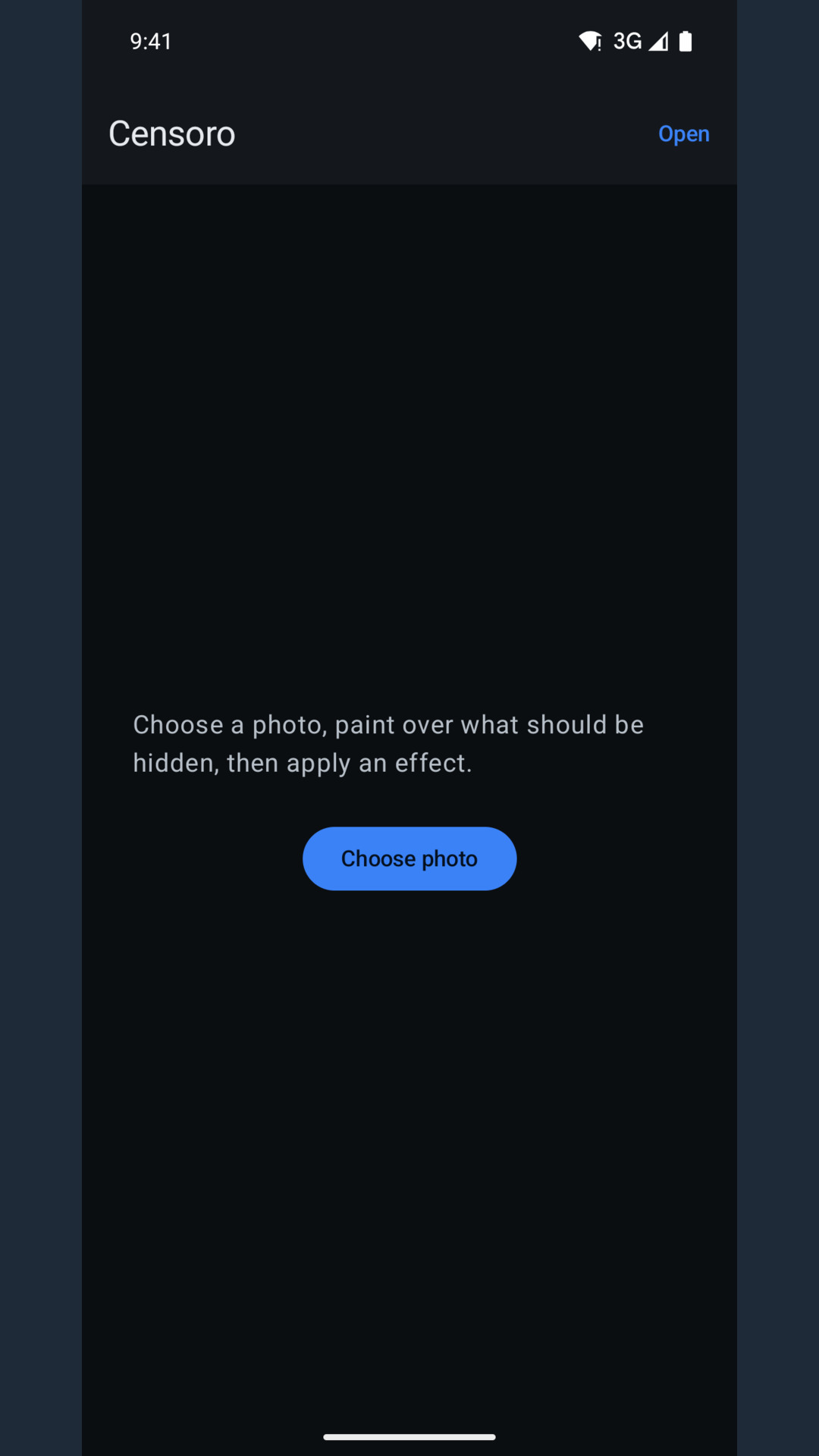 Censoro start screen with a one-line hint on how to hide something and the Choose photo button.