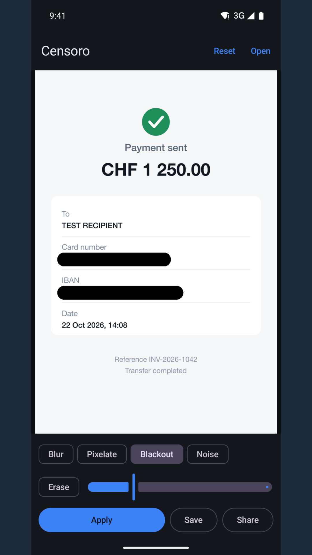A payment receipt with the card number and the IBAN blacked out, the amount stays readable.